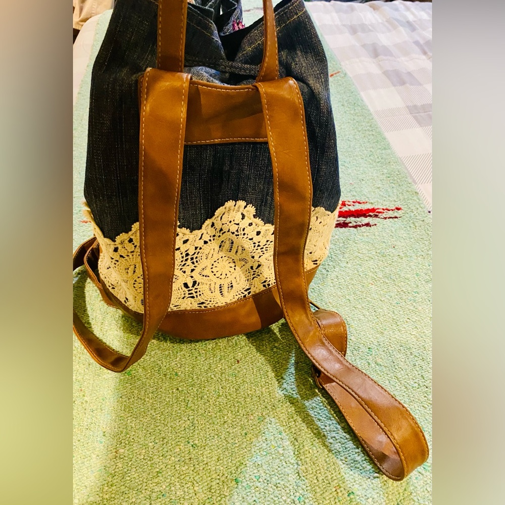Claire's Denim Backpack with Lace and Floral Embroidery - Picture 4 of 12